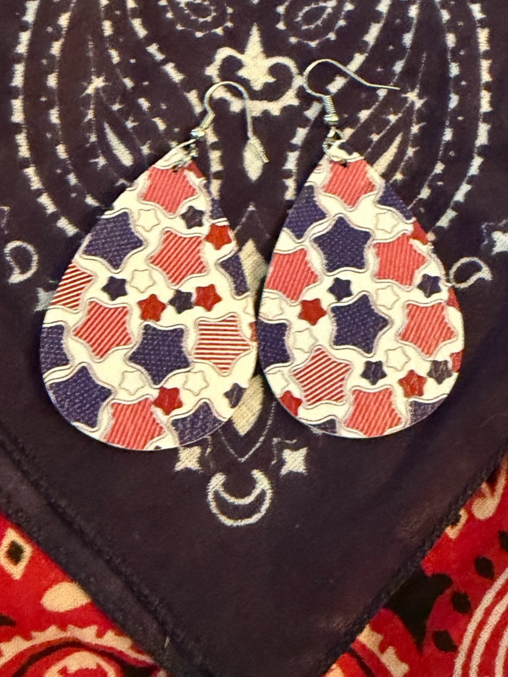 Patriotic Teardrop Dangle Leather Earrings - Red White Blue